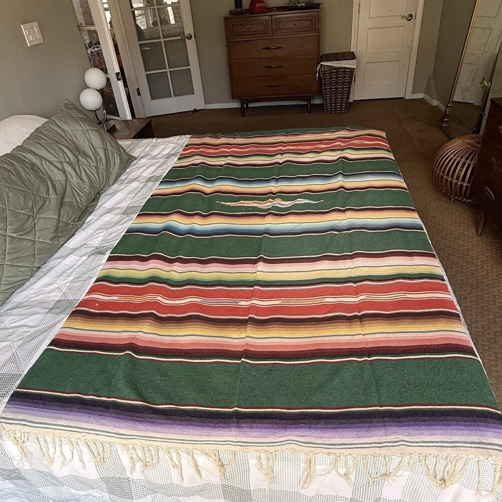 Vintage Mid Century Mexican Saltillo Serape Blanket 84x49 Wool warp Cotton Weft